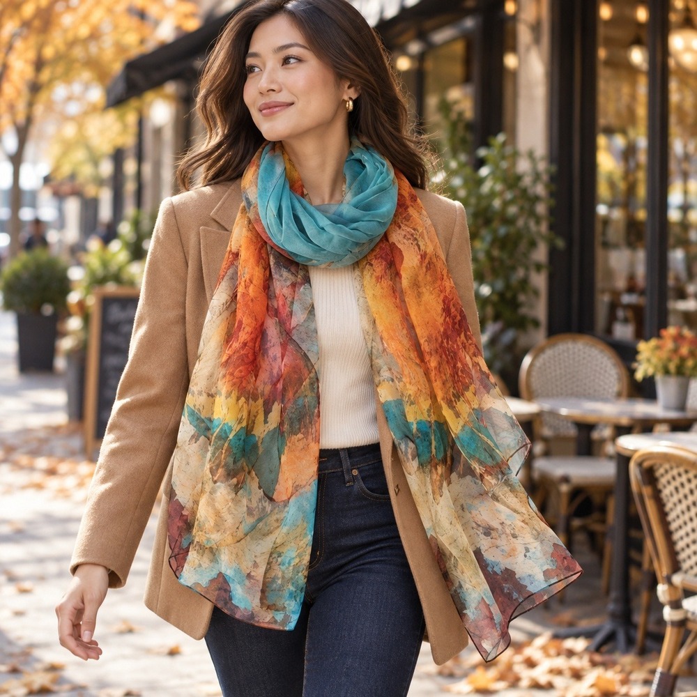 100% Silk Abstract Painting Chiffon Scarf Turquoise Orange Artistic Wrap 59x20